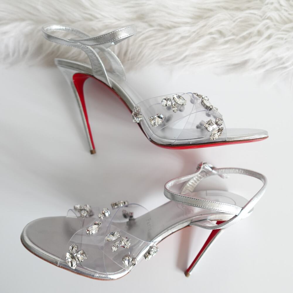 Christian Louboutin Degrasandal Queen 100 Silver Leather PVC Crystal Pumps 40 - Picture 6 of 16